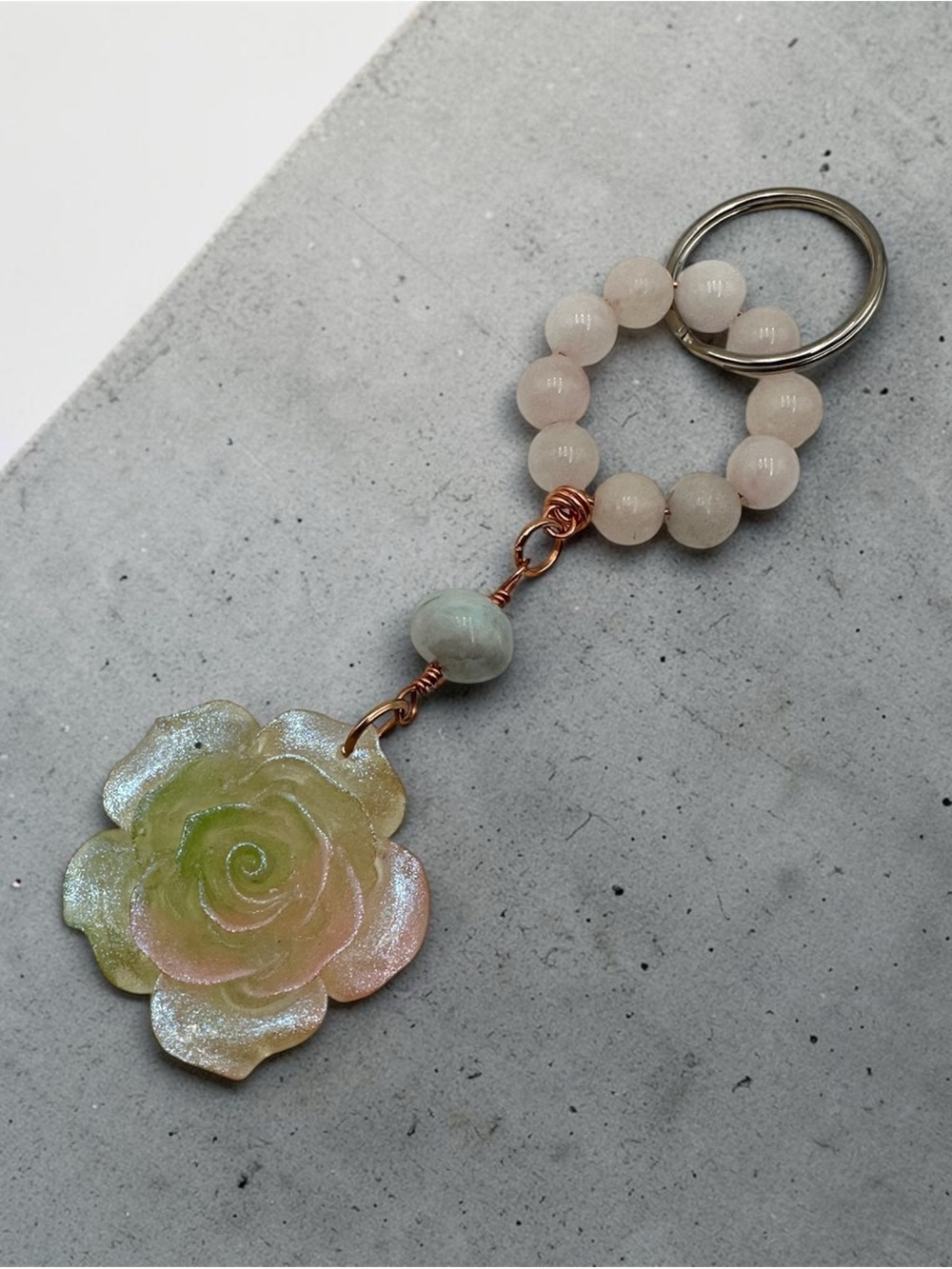 Handmade Beaded Flower Keychain Pastel Rose Charm Key Ring Gift